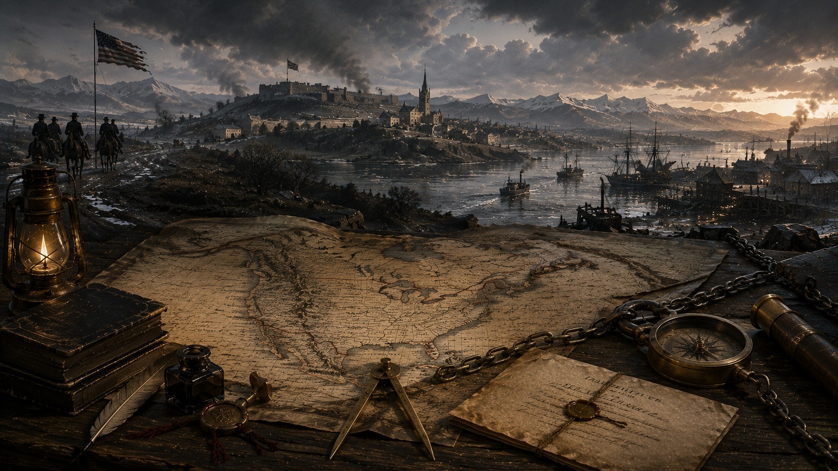 Atmospheric Proofs of Empire landscape banner with nineteenth-century alternate-history mood