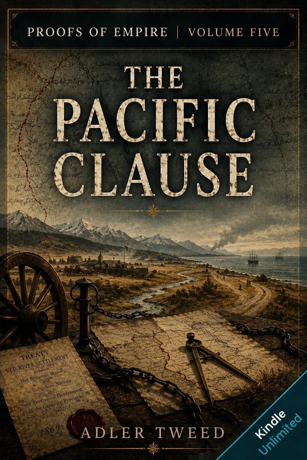 Book cover for Proofs of Empire Volume V, The Pacific Clause by Adler Tweed, showing a western landscape, mountains, coastline, wagon, maps, treaty document, survey tools, and imperial chains.