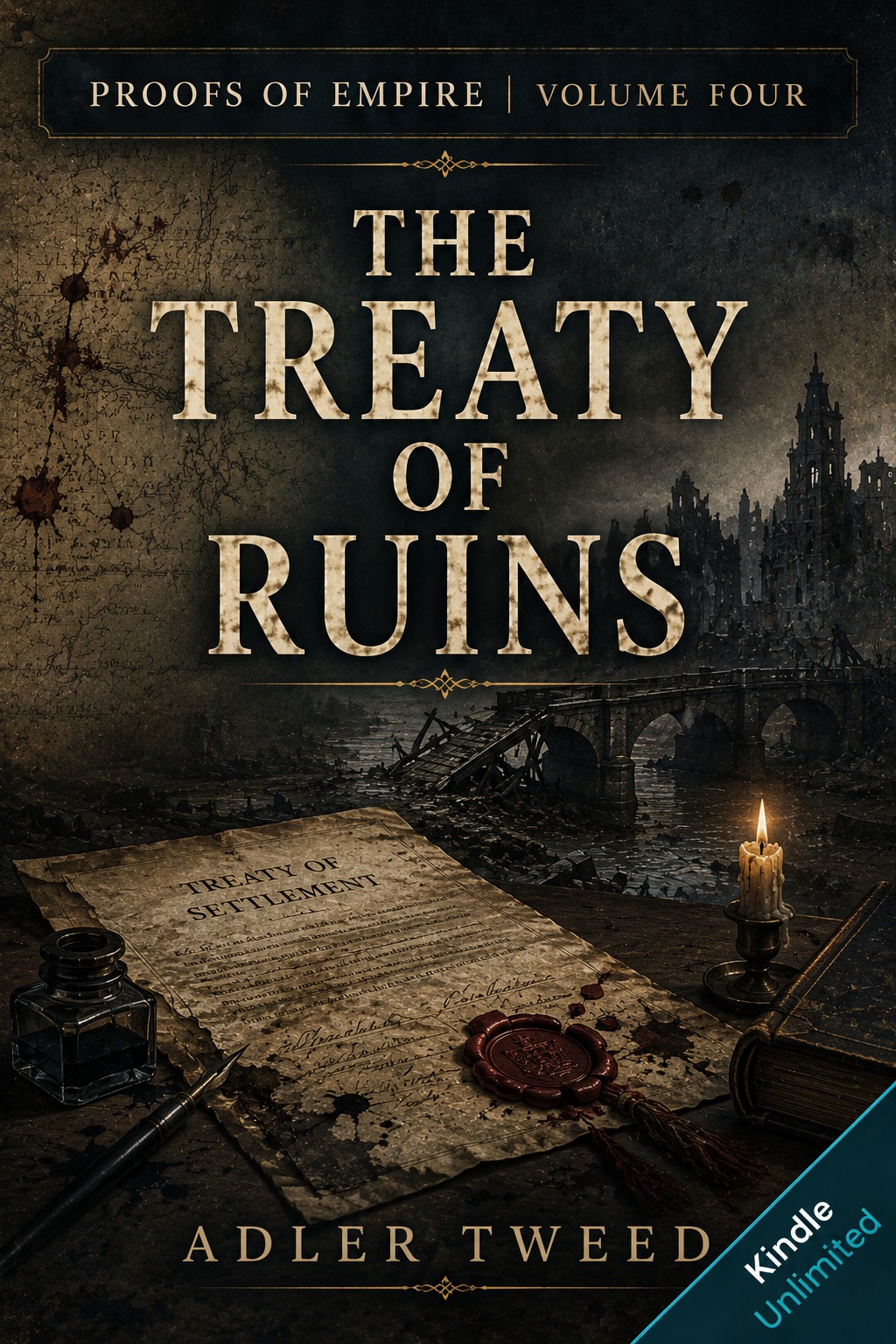 Book cover for Proofs of Empire Volume IV, The Treaty of Ruins by Adler Tweed, showing a ruined city, a broken bridge, a treaty document, candlelight, ink, and a red wax seal.